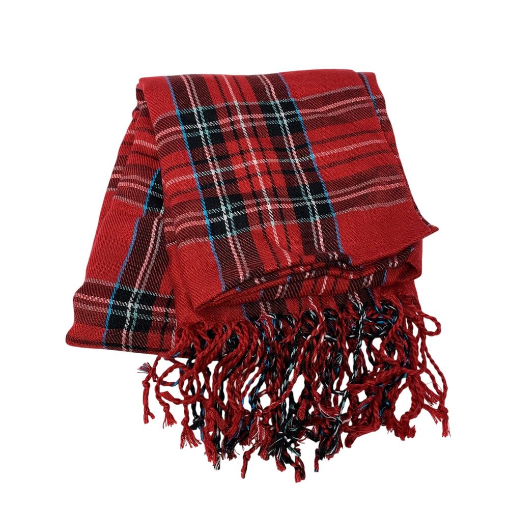 Unbranded Red Black Plaid Fringed Scarf Apx 26" X 80"